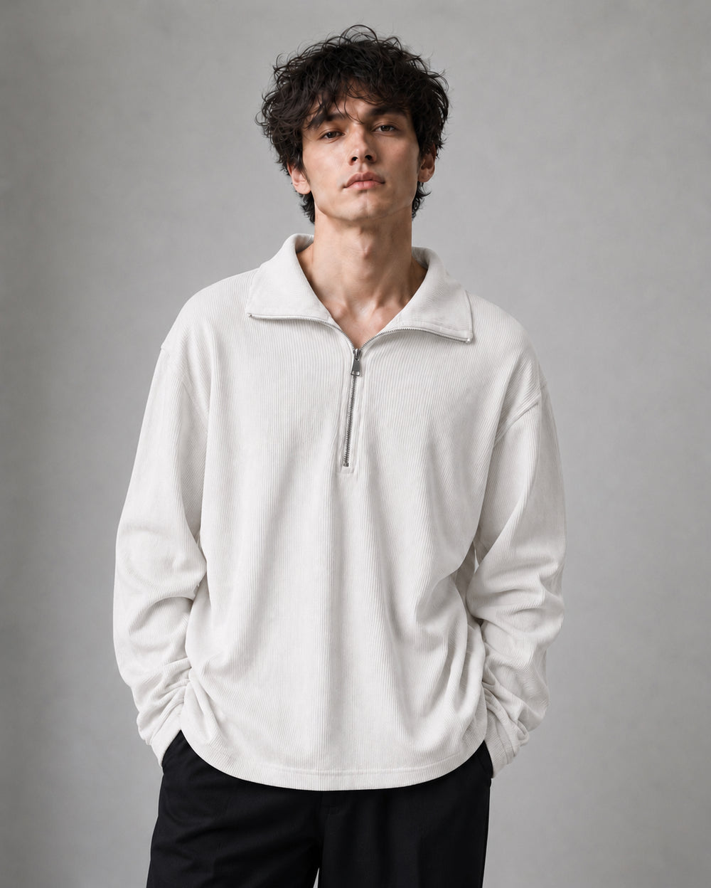 White Waffle Quarter Zip T Shirt for Men – Ivory Waffle