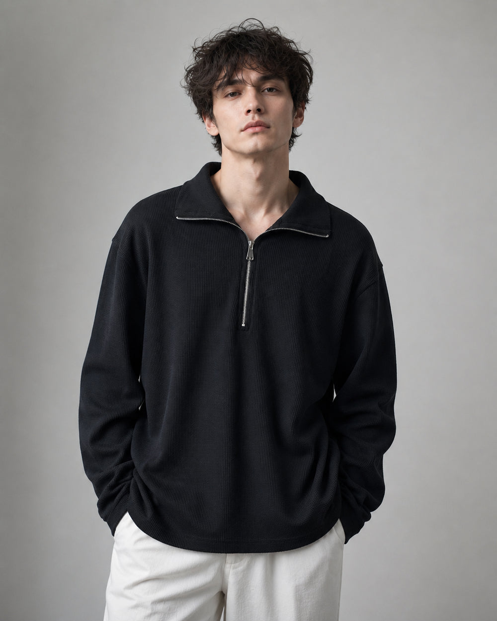 Black Waffle Quarter Zip T Shirt for Men – Midnight Waffle